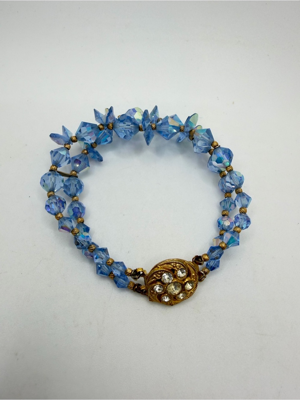 ~7" VTG Blue Aurora Borealis crystal bi-cone, double stranded bracelet!